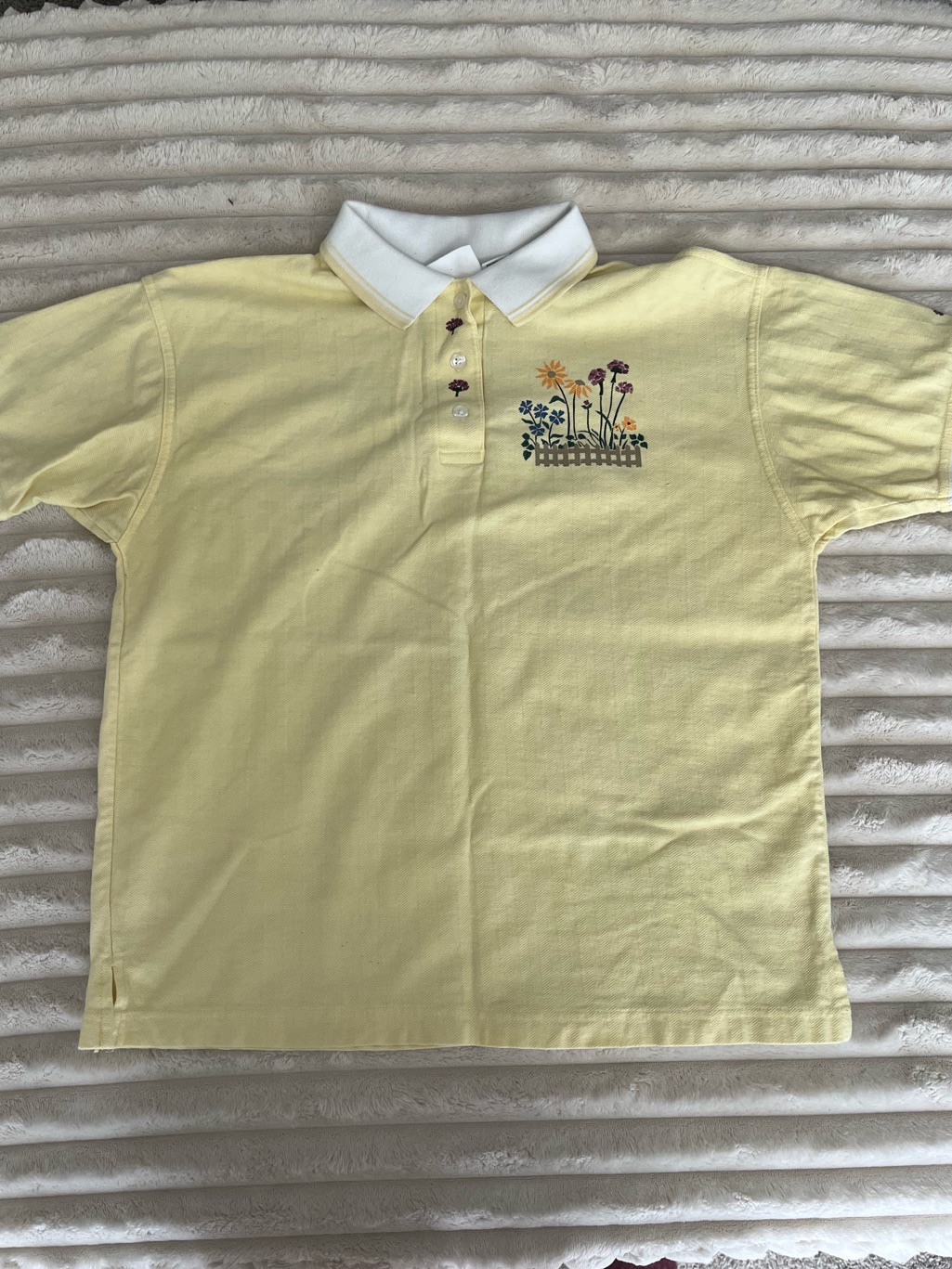 Vintage Cottage Women’s Yellow Polo Top With Floral Embroidery
